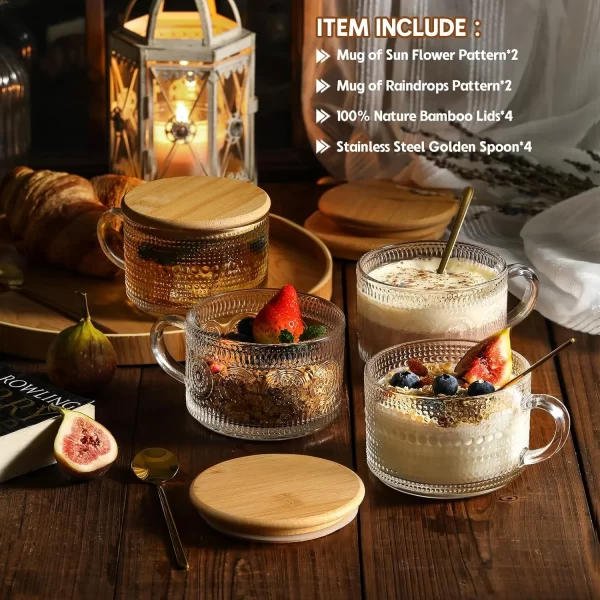 4-Piece Vintage Embossed Glass Mug Set with Bamboo Lids & Spoons - Image 2
