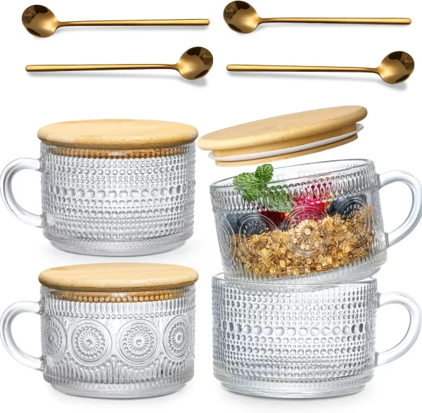 4-Piece Vintage Embossed Glass Mug Set with Bamboo Lids & Spoons